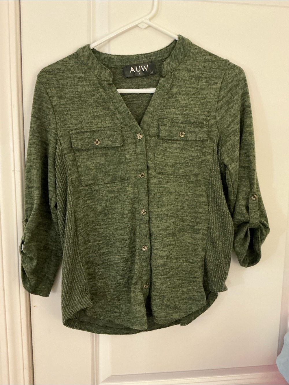 🔥 AUW Olive Green Space Dye Button-Up Top - Roll Tab 3/4 Sleeve - Size Small S